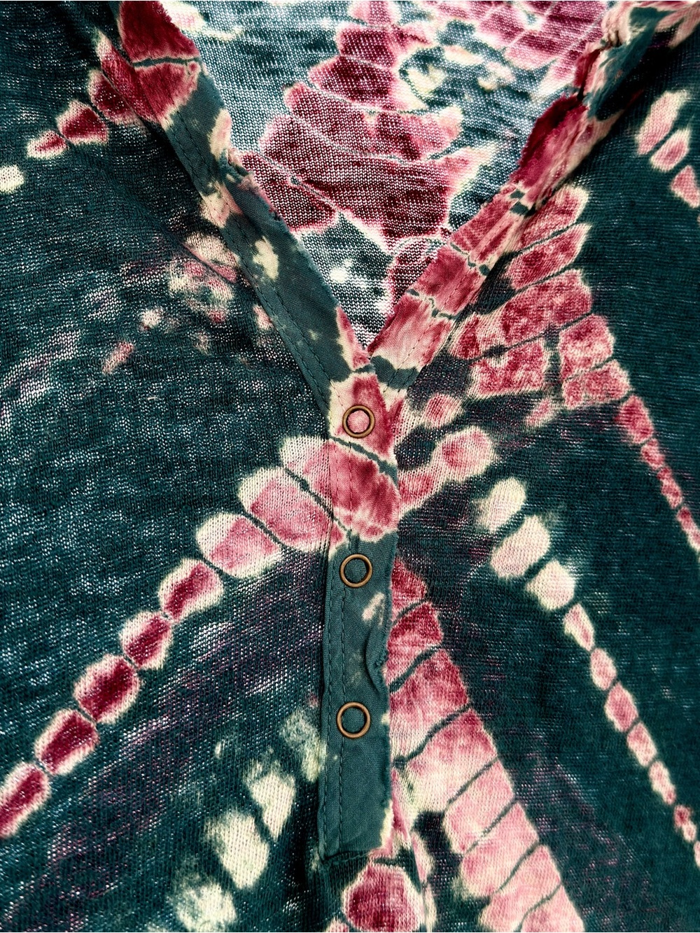 YOUNG FABULOUS & BROKE YFB 100% Linen Teal Purple Tie Dye Stretch Pullover S M - Picture 5 of 9